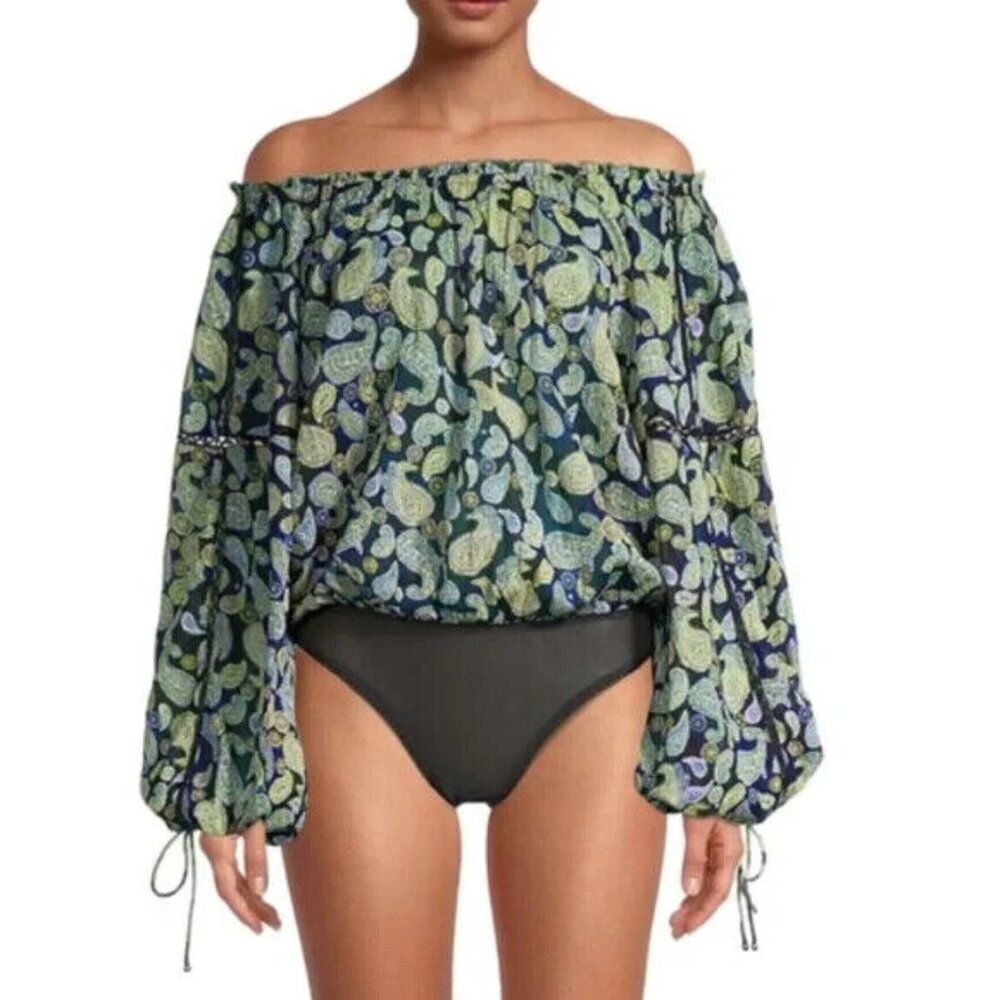 Free People Intimately Bodysuit Sundown Paisley Long Sleeve Green Blue Oversized
